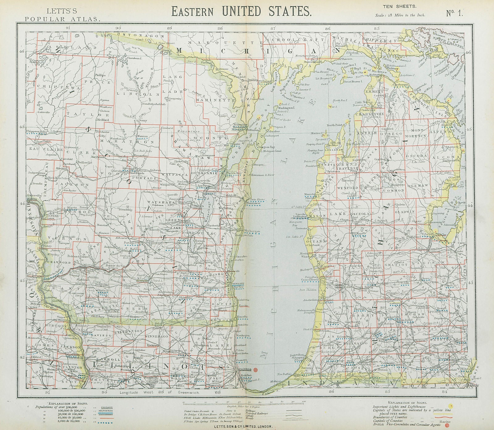 LAKE MICHIGAN. Wisconsin Michigan Chicago. Railroads Lighthouses. LETTS 1883 map